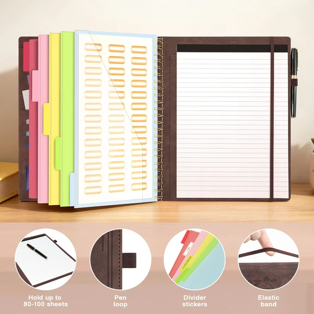 Alt view image 6 of 7 - Clipboard with Storage for Men Women, Leather Padfolio Portfolio Organizer 5 Folders with 10 Pockets, Spiral Clipboard Folio with Notepad for Letter Size, Elastic Closure and Pen Loop Brown