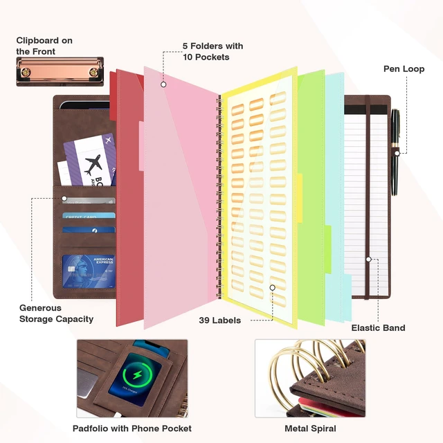 Alt view image 3 of 7 - Clipboard with Storage for Men Women, Leather Padfolio Portfolio Organizer 5 Folders with 10 Pockets, Spiral Clipboard Folio with Notepad for Letter Size, Elastic Closure and Pen Loop Brown
