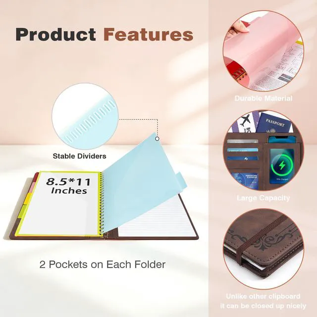 Alt view image 5 of 7 - Clipboard with Storage for Men Women, Leather Padfolio Portfolio Organizer 5 Folders with 10 Pockets, Spiral Clipboard Folio with Notepad for Letter Size, Elastic Closure and Pen Loop Brown