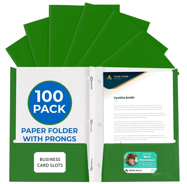 Main image of 100 Pack Green 2 Pocket Paper Folders. Heavy Duty, Bulk Folders with Pockets, Prongs and Business Card Slots. Letter Size Document Organizers. Durable Portfolio for School, College, Office Files