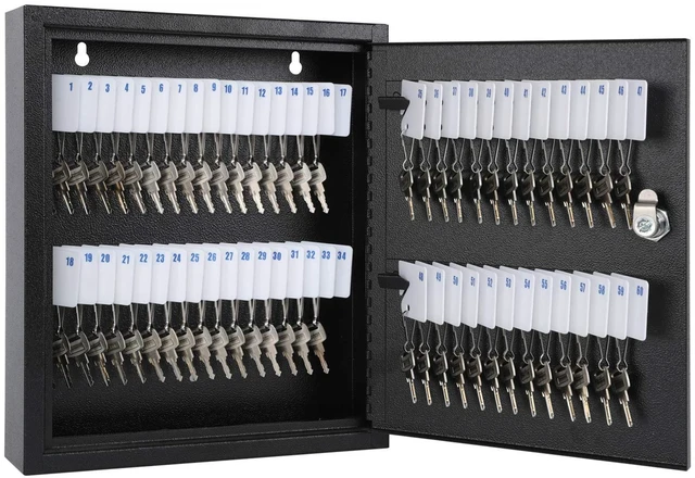 Main image of Key Lock Box, Wall Mount 60 Key Cabinet, Black Numbered Key Storage Organizer, Secure Lock Box, Key Hooks & Labels, Home, Office & Property Management, 12.1 x 10.2 x 2.5 In
