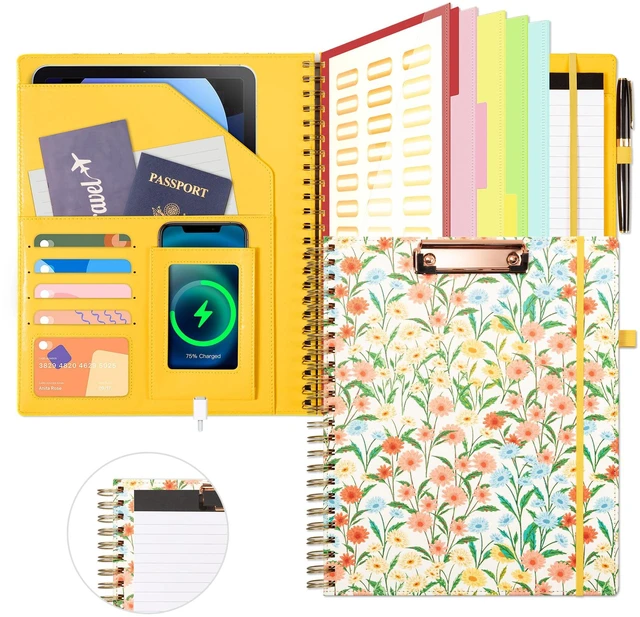 Main image of Clipboard with Storage for Men Women, Leather Padfolio Portfolio Organizer 5 Folders with 10 Pockets, Spiral Clipboard Folio with Notepad for Letter Size, Elastic Closure and Pen Loop Floral