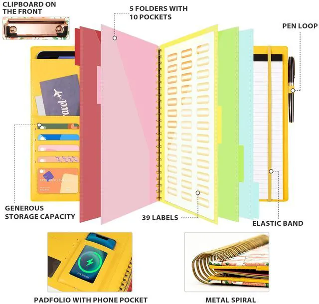 Alt view image 2 of 7 - Clipboard with Storage for Men Women, Leather Padfolio Portfolio Organizer 5 Folders with 10 Pockets, Spiral Clipboard Folio with Notepad for Letter Size, Elastic Closure and Pen Loop Floral