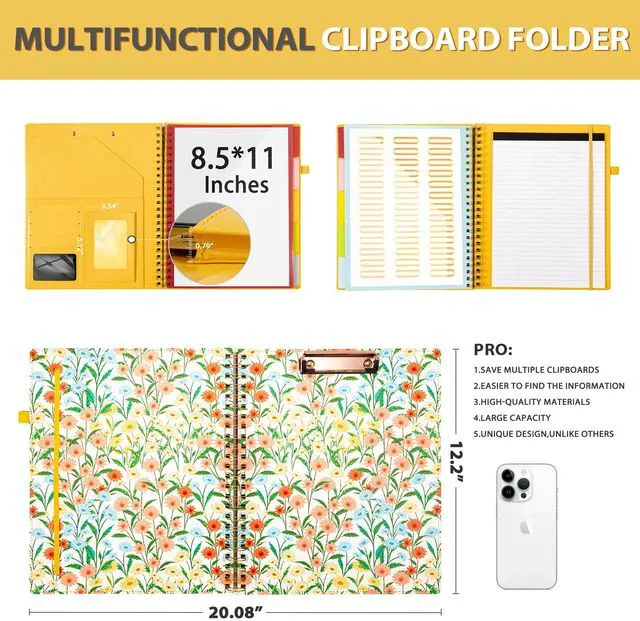 Alt view image 3 of 7 - Clipboard with Storage for Men Women, Leather Padfolio Portfolio Organizer 5 Folders with 10 Pockets, Spiral Clipboard Folio with Notepad for Letter Size, Elastic Closure and Pen Loop Floral