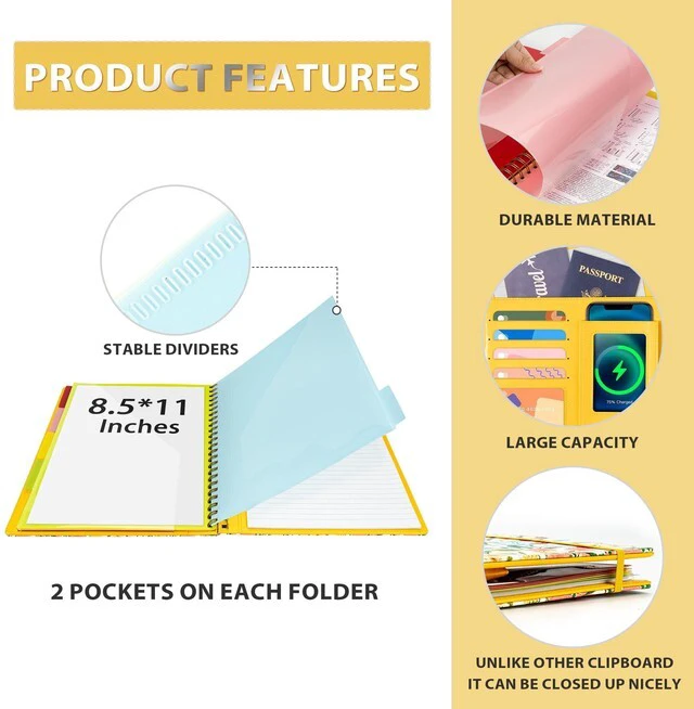 Alt view image 4 of 7 - Clipboard with Storage for Men Women, Leather Padfolio Portfolio Organizer 5 Folders with 10 Pockets, Spiral Clipboard Folio with Notepad for Letter Size, Elastic Closure and Pen Loop Floral