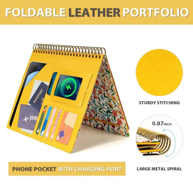 Alt view image 5 of 7 - Clipboard with Storage for Men Women, Leather Padfolio Portfolio Organizer 5 Folders with 10 Pockets, Spiral Clipboard Folio with Notepad for Letter Size, Elastic Closure and Pen Loop Floral