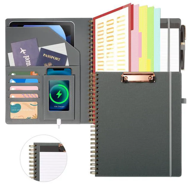 Main image of Clipboard with Storage for Men Women, Leather Padfolio Portfolio Organizer 5 Folders with 10 Pockets, Spiral Clipboard Folio with Notepad for Letter Size, Elastic Closure and Pen Loop Grey