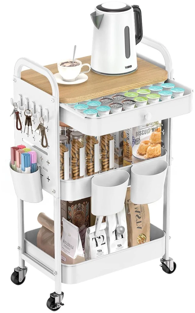 Main image of 3 Tier Metal Rolling Cart with Drawer,Wood Top,Pegboards,White Storage Utility Cart with Drawers,Pegboards,Lockable Wheels,Baskets,Hooks for Kitchen,Office,Bedroom,DIY Supplies