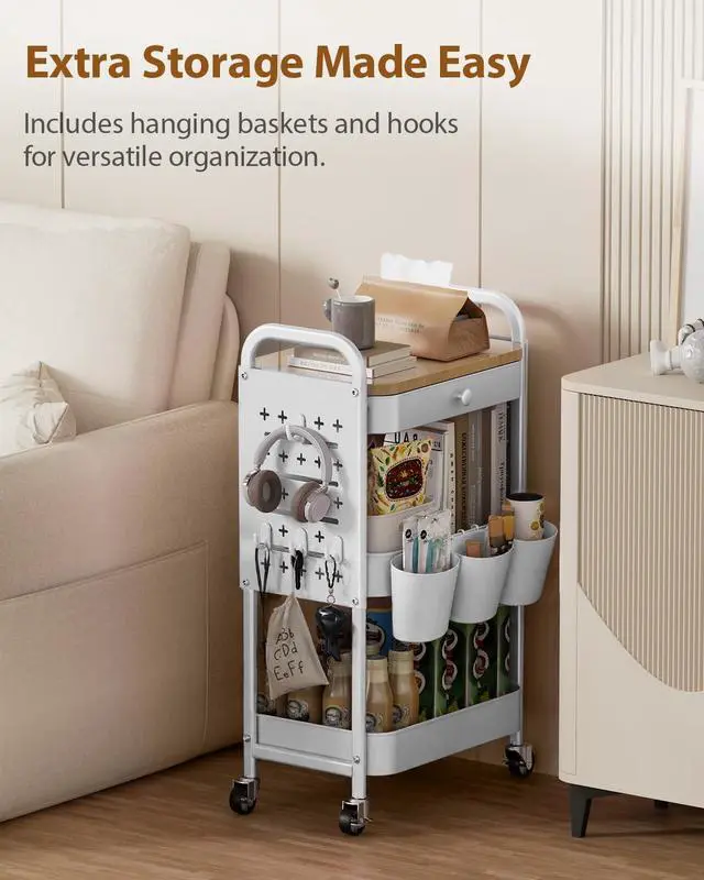Alt view image 2 of 7 - 3 Tier Metal Rolling Cart with Drawer,Wood Top,Pegboards,White Storage Utility Cart with Drawers,Pegboards,Lockable Wheels,Baskets,Hooks for Kitchen,Office,Bedroom,DIY Supplies