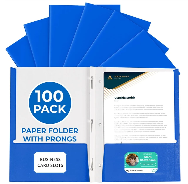 Main image of 100 Pack Blue 2 Pocket Paper Folders. Heavy Duty, Bulk Folders with Pockets, Prongs and Business Card Slots. Letter Size Document Organizers. Durable Portfolio for School, College, Office Files