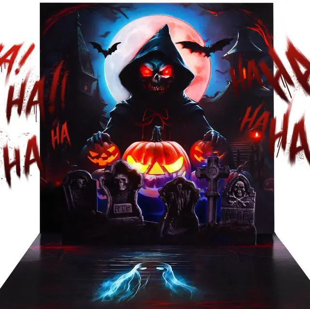 Main image of Halloween Cards, Pop Up Lights Up Halloween Cards with Horror Sound 3D Spooky Scene with Glowing Skull, Pumpkin, Tombstone, Moon, Happy Halloween Greeting Gift Cards for Boys Girls