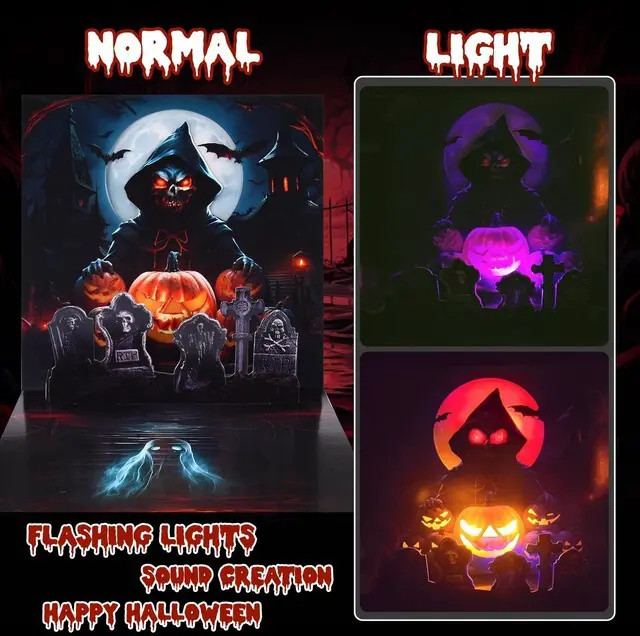 Alt view image 2 of 6 - Halloween Cards, Pop Up Lights Up Halloween Cards with Horror Sound 3D Spooky Scene with Glowing Skull, Pumpkin, Tombstone, Moon, Happy Halloween Greeting Gift Cards for Boys Girls