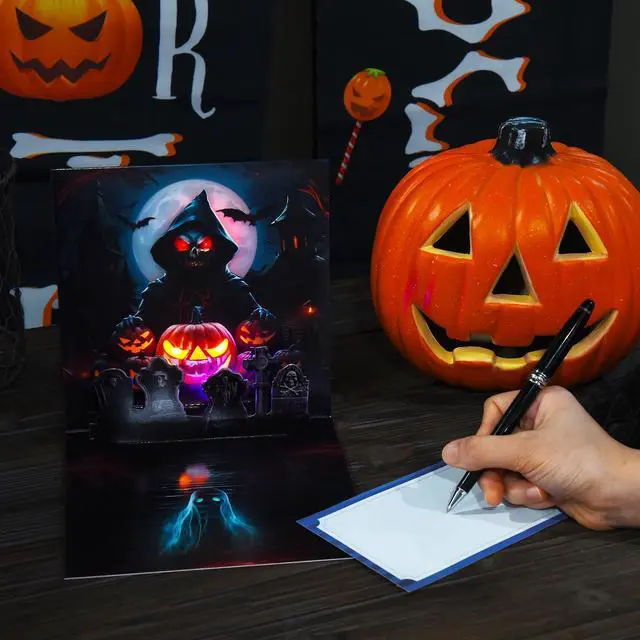 Alt view image 3 of 6 - Halloween Cards, Pop Up Lights Up Halloween Cards with Horror Sound 3D Spooky Scene with Glowing Skull, Pumpkin, Tombstone, Moon, Happy Halloween Greeting Gift Cards for Boys Girls