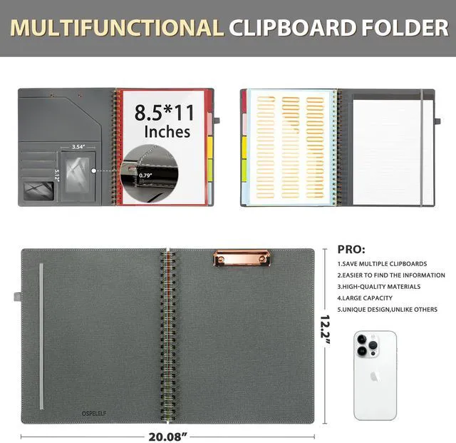 Alt view image 2 of 7 - Clipboard with Storage for Men Women, Leather Padfolio Portfolio Organizer 5 Folders with 10 Pockets, Spiral Clipboard Folio with Notepad for Letter Size, Elastic Closure and Pen Loop Grey