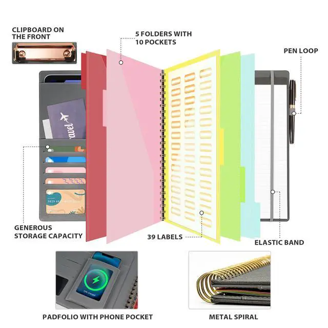 Alt view image 3 of 7 - Clipboard with Storage for Men Women, Leather Padfolio Portfolio Organizer 5 Folders with 10 Pockets, Spiral Clipboard Folio with Notepad for Letter Size, Elastic Closure and Pen Loop Grey