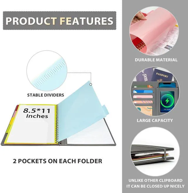 Alt view image 4 of 7 - Clipboard with Storage for Men Women, Leather Padfolio Portfolio Organizer 5 Folders with 10 Pockets, Spiral Clipboard Folio with Notepad for Letter Size, Elastic Closure and Pen Loop Grey