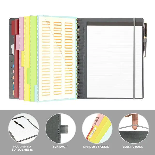 Alt view image 5 of 7 - Clipboard with Storage for Men Women, Leather Padfolio Portfolio Organizer 5 Folders with 10 Pockets, Spiral Clipboard Folio with Notepad for Letter Size, Elastic Closure and Pen Loop Grey
