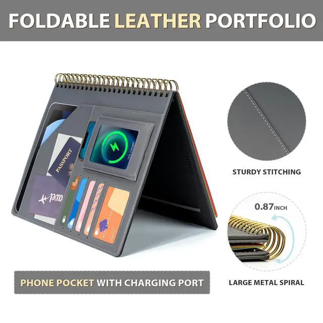 Alt view image 6 of 7 - Clipboard with Storage for Men Women, Leather Padfolio Portfolio Organizer 5 Folders with 10 Pockets, Spiral Clipboard Folio with Notepad for Letter Size, Elastic Closure and Pen Loop Grey