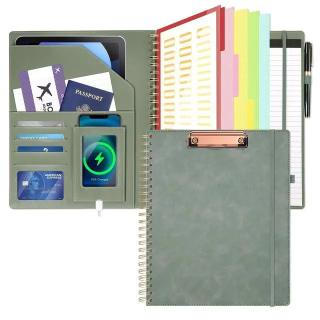 Main image of Clipboard with Storage for Men Women, Leather Padfolio Portfolio Organizer 5 Folders with 10 Pockets, Spiral Clipboard Folio with Notepad for Letter Size, Elastic Closure and Pen Loop Sage Green