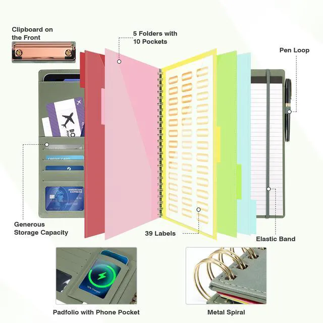 Alt view image 3 of 7 - Clipboard with Storage for Men Women, Leather Padfolio Portfolio Organizer 5 Folders with 10 Pockets, Spiral Clipboard Folio with Notepad for Letter Size, Elastic Closure and Pen Loop Sage Green