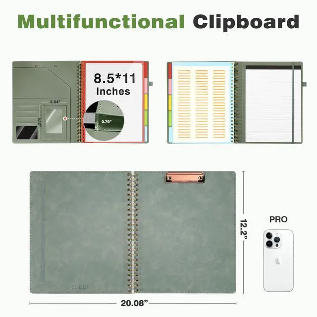Alt view image 2 of 7 - Clipboard with Storage for Men Women, Leather Padfolio Portfolio Organizer 5 Folders with 10 Pockets, Spiral Clipboard Folio with Notepad for Letter Size, Elastic Closure and Pen Loop Sage Green