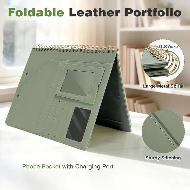 Alt view image 4 of 7 - Clipboard with Storage for Men Women, Leather Padfolio Portfolio Organizer 5 Folders with 10 Pockets, Spiral Clipboard Folio with Notepad for Letter Size, Elastic Closure and Pen Loop Sage Green