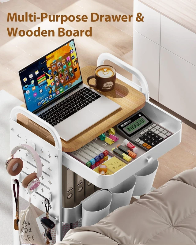 Alt view image 3 of 7 - 3 Tier Metal Rolling Cart with Drawer,Wood Top,Pegboards,White Storage Utility Cart with Drawers,Pegboards,Lockable Wheels,Baskets,Hooks for Kitchen,Office,Bedroom,DIY Supplies