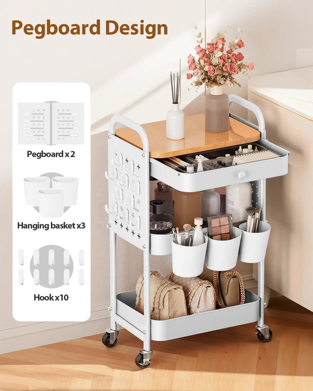 Alt view image 4 of 7 - 3 Tier Metal Rolling Cart with Drawer,Wood Top,Pegboards,White Storage Utility Cart with Drawers,Pegboards,Lockable Wheels,Baskets,Hooks for Kitchen,Office,Bedroom,DIY Supplies