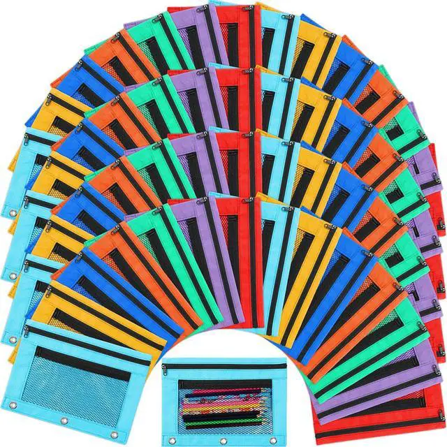 Main image of 100 Pcs Classroom Binder Pencil Pouches, Vivid Color, 2 Zipper 3 Ring Binder Zipper Pencil Pouches, Mesh Layer Pencil Bags Bulk, Pencils Pouches for Students, Back to School Pen Bags