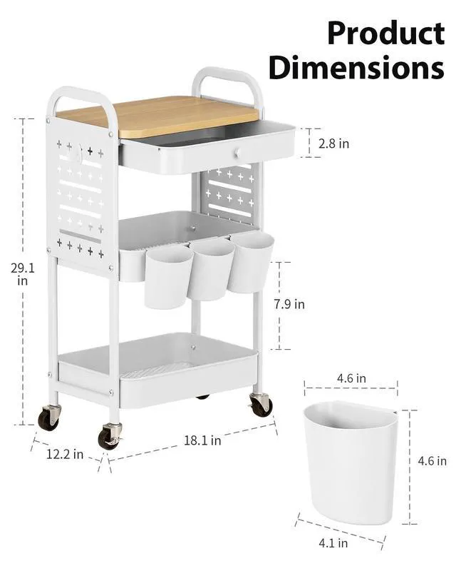Alt view image 5 of 7 - 3 Tier Metal Rolling Cart with Drawer,Wood Top,Pegboards,White Storage Utility Cart with Drawers,Pegboards,Lockable Wheels,Baskets,Hooks for Kitchen,Office,Bedroom,DIY Supplies