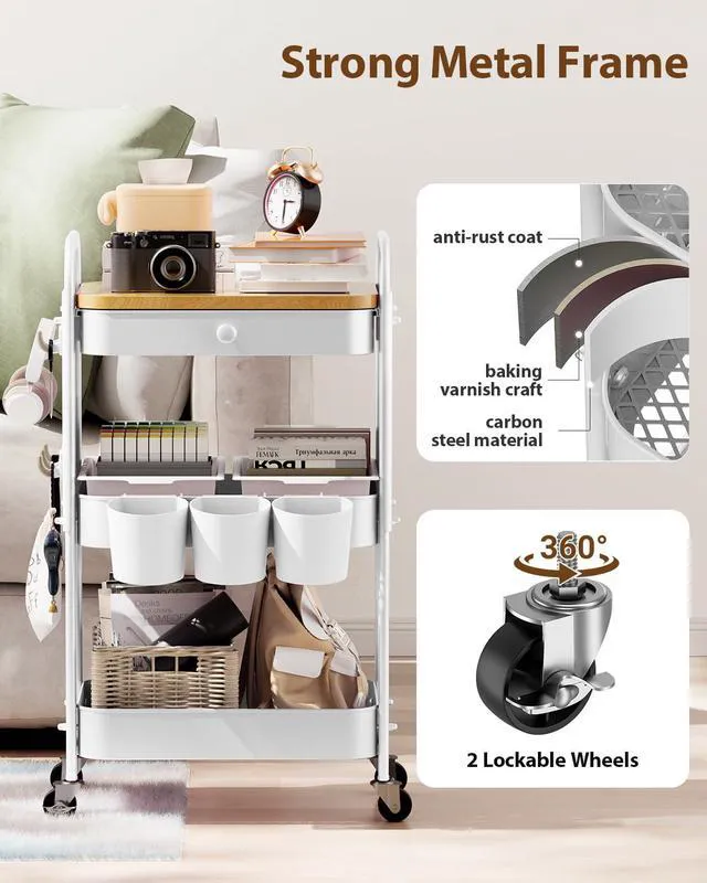 Alt view image 6 of 7 - 3 Tier Metal Rolling Cart with Drawer,Wood Top,Pegboards,White Storage Utility Cart with Drawers,Pegboards,Lockable Wheels,Baskets,Hooks for Kitchen,Office,Bedroom,DIY Supplies