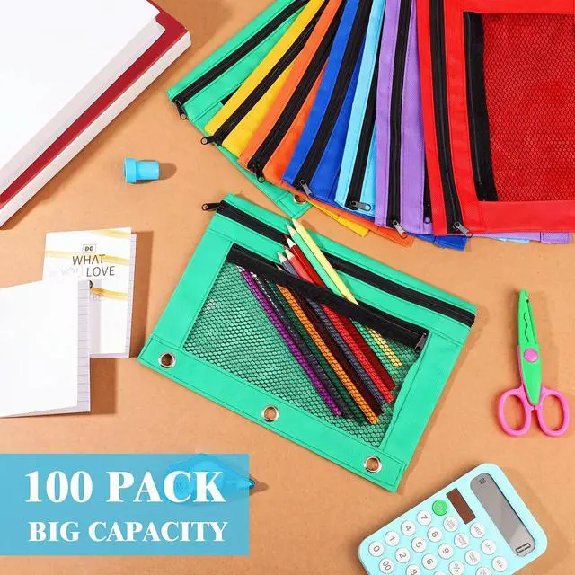 Alt view image 3 of 7 - 100 Pcs Classroom Binder Pencil Pouches, Vivid Color, 2 Zipper 3 Ring Binder Zipper Pencil Pouches, Mesh Layer Pencil Bags Bulk, Pencils Pouches for Students, Back to School Pen Bags