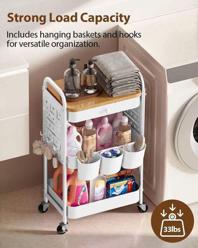Alt view image 7 of 7 - 3 Tier Metal Rolling Cart with Drawer,Wood Top,Pegboards,White Storage Utility Cart with Drawers,Pegboards,Lockable Wheels,Baskets,Hooks for Kitchen,Office,Bedroom,DIY Supplies