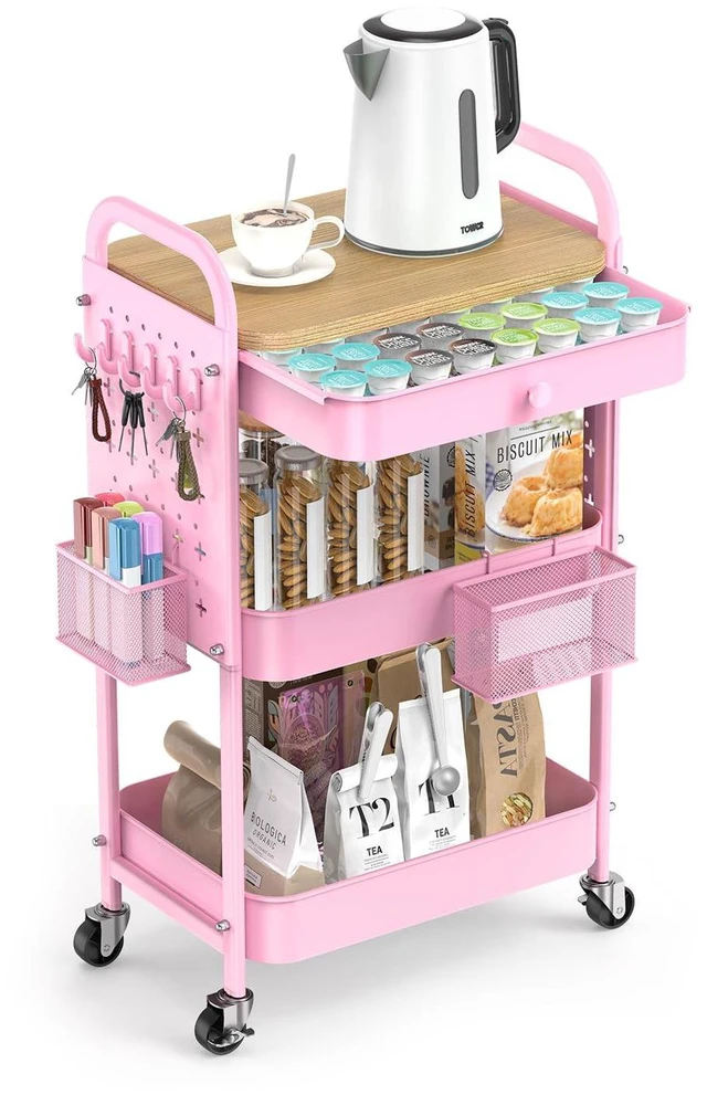 Main image of 3 Tier Metal Rolling Cart with Drawer,Wood Top,Pegboards,Pink Storage Utility Cart with Drawers,Pegboards,Lockable Wheels,Baskets,Hooks for Kitchen,Office,Bedroom,DIY Supplies