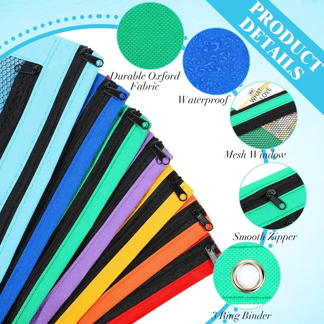 Alt view image 4 of 7 - 100 Pcs Classroom Binder Pencil Pouches, Vivid Color, 2 Zipper 3 Ring Binder Zipper Pencil Pouches, Mesh Layer Pencil Bags Bulk, Pencils Pouches for Students, Back to School Pen Bags