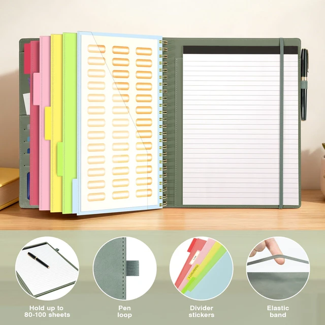 Alt view image 6 of 7 - Clipboard with Storage for Men Women, Leather Padfolio Portfolio Organizer 5 Folders with 10 Pockets, Spiral Clipboard Folio with Notepad for Letter Size, Elastic Closure and Pen Loop Sage Green