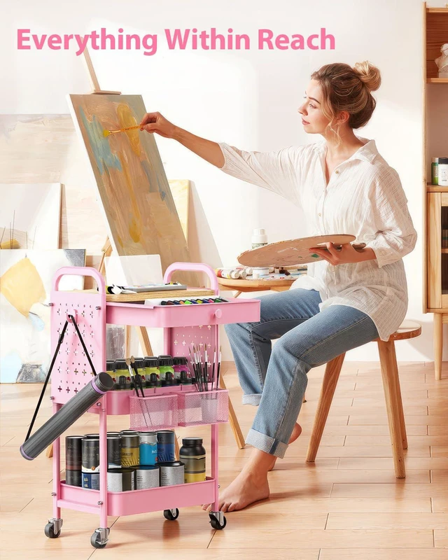 Alt view image 6 of 7 - 3 Tier Metal Rolling Cart with Drawer,Wood Top,Pegboards,Pink Storage Utility Cart with Drawers,Pegboards,Lockable Wheels,Baskets,Hooks for Kitchen,Office,Bedroom,DIY Supplies