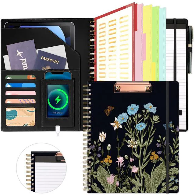 Main image of Clipboard with Storage for Women, Leather Padfolio Portfolio Organizer 5 Folders with 10 Pockets, Spiral Clipboard Folio with Notepad for Letter Size, Elastic Closure and Pen Loop Floral