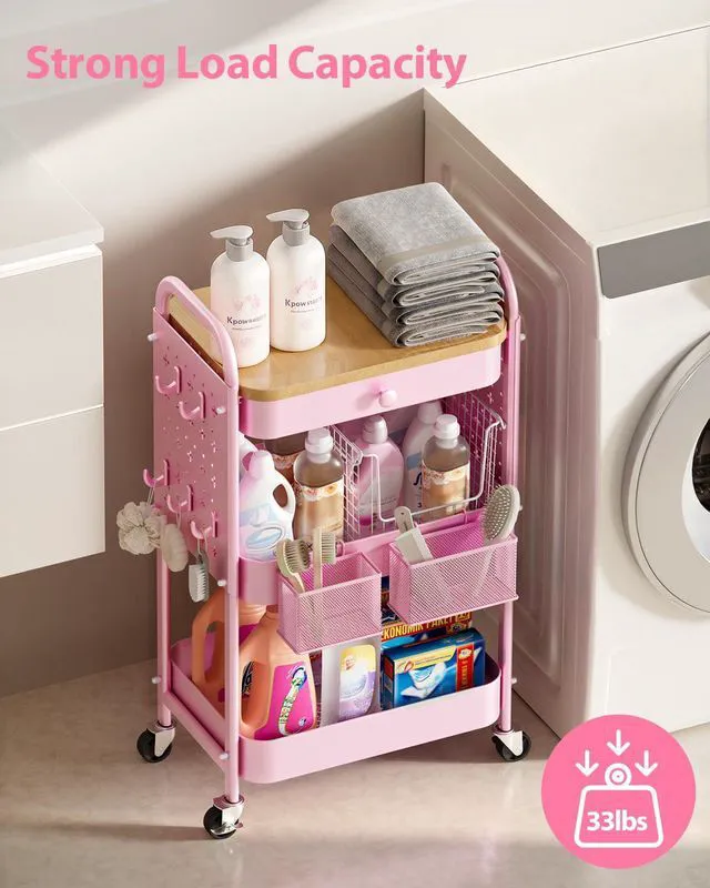 Alt view image 7 of 7 - 3 Tier Metal Rolling Cart with Drawer,Wood Top,Pegboards,Pink Storage Utility Cart with Drawers,Pegboards,Lockable Wheels,Baskets,Hooks for Kitchen,Office,Bedroom,DIY Supplies