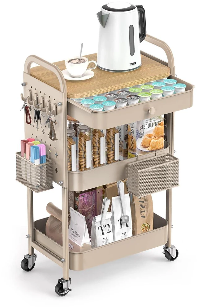 Main image of 3 Tier Metal Rolling Cart with Drawer,Wood Top,Pegboards,Khaki Storage Utility Cart with Drawers,Pegboards,Lockable Wheels,Baskets,Hooks for Kitchen,Office,Bedroom,DIY Supplies