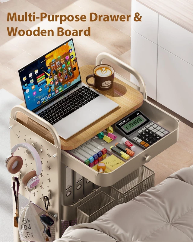 Alt view image 2 of 7 - 3 Tier Metal Rolling Cart with Drawer,Wood Top,Pegboards,Khaki Storage Utility Cart with Drawers,Pegboards,Lockable Wheels,Baskets,Hooks for Kitchen,Office,Bedroom,DIY Supplies