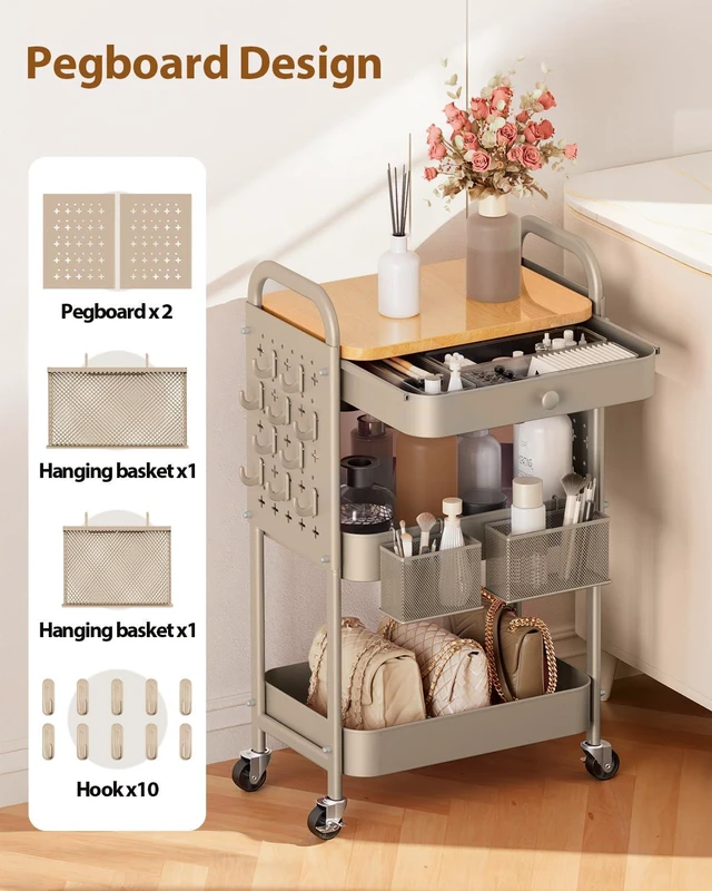 Alt view image 3 of 7 - 3 Tier Metal Rolling Cart with Drawer,Wood Top,Pegboards,Khaki Storage Utility Cart with Drawers,Pegboards,Lockable Wheels,Baskets,Hooks for Kitchen,Office,Bedroom,DIY Supplies