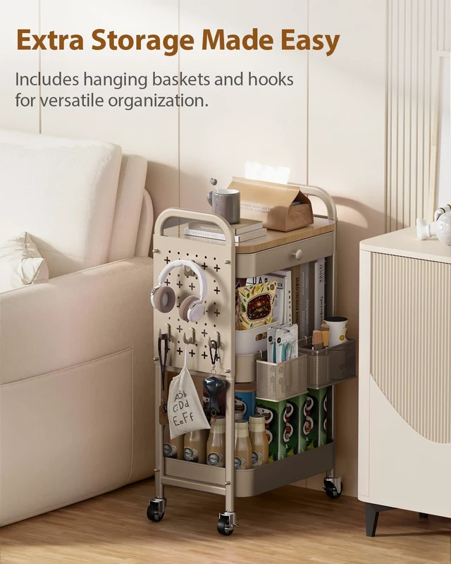 Alt view image 4 of 7 - 3 Tier Metal Rolling Cart with Drawer,Wood Top,Pegboards,Khaki Storage Utility Cart with Drawers,Pegboards,Lockable Wheels,Baskets,Hooks for Kitchen,Office,Bedroom,DIY Supplies