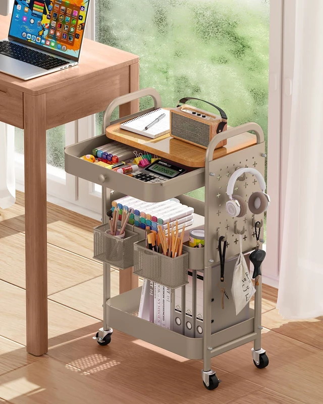 Alt view image 5 of 7 - 3 Tier Metal Rolling Cart with Drawer,Wood Top,Pegboards,Khaki Storage Utility Cart with Drawers,Pegboards,Lockable Wheels,Baskets,Hooks for Kitchen,Office,Bedroom,DIY Supplies