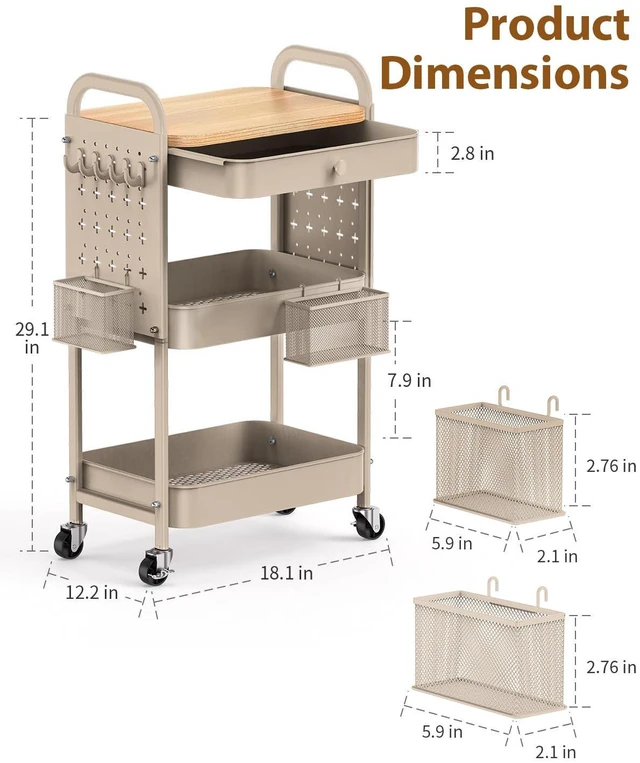 Alt view image 6 of 7 - 3 Tier Metal Rolling Cart with Drawer,Wood Top,Pegboards,Khaki Storage Utility Cart with Drawers,Pegboards,Lockable Wheels,Baskets,Hooks for Kitchen,Office,Bedroom,DIY Supplies