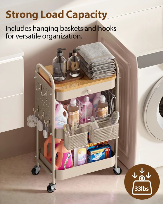 Alt view image 7 of 7 - 3 Tier Metal Rolling Cart with Drawer,Wood Top,Pegboards,Khaki Storage Utility Cart with Drawers,Pegboards,Lockable Wheels,Baskets,Hooks for Kitchen,Office,Bedroom,DIY Supplies