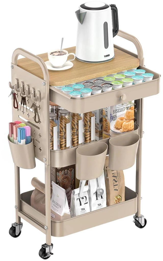 Main image of 3 Tier Metal Rolling Cart with Drawer,Wood Top,Pegboards,Khaki Storage Utility Cart with Drawers,Pegboards,Lockable Wheels,Baskets,Hooks for Kitchen,Office,Bedroom,DIY Supplies