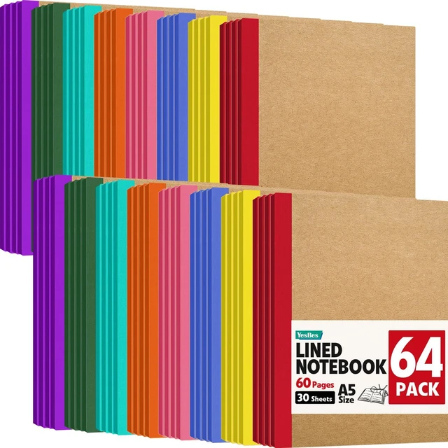 Main image of 64 Pack A5 Kraft Notebooks Bulk, 8.3'' x 5.5'' Lined Journal Notebook with Color Strip, Composition Notebooks Journaling Notebooks for School Office Students Artists, 8 Colors 60 Pages