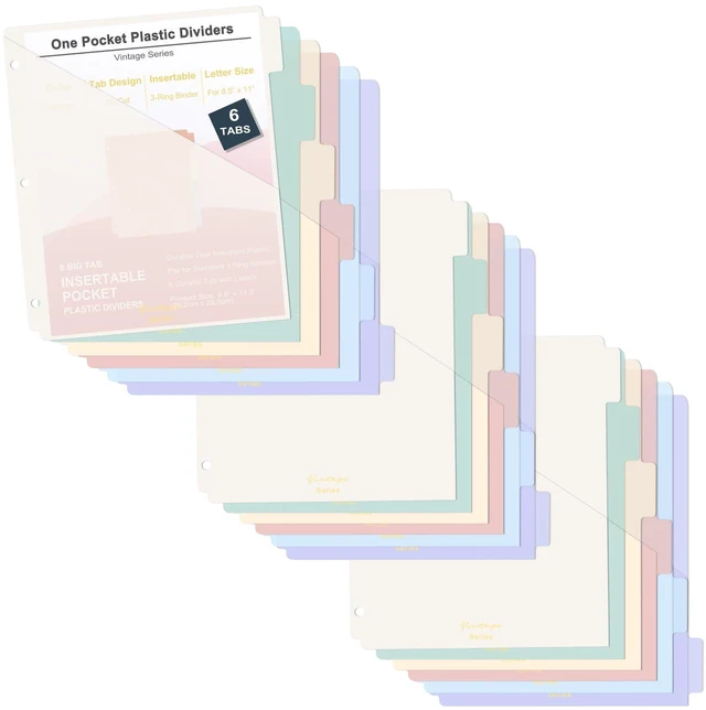 Main image of 6-Tab Binder Dividers with Pockets, Binder Dividers with Tabs for 3 Ring Binder Letter Size, Durable Plastic Binder Organizer, Vintage (3 Sets)