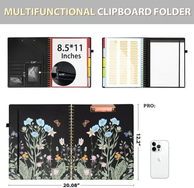 Alt view image 2 of 6 - Clipboard with Storage for Women, Leather Padfolio Portfolio Organizer 5 Folders with 10 Pockets, Spiral Clipboard Folio with Notepad for Letter Size, Elastic Closure and Pen Loop Floral